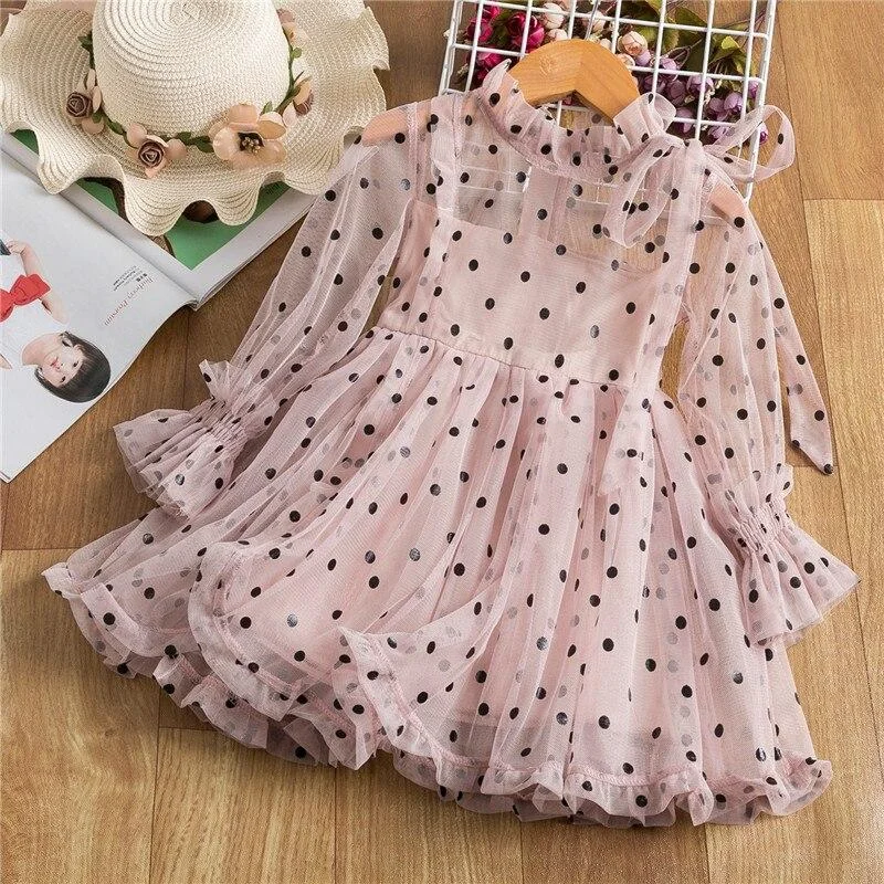 Girls Chiffon Lace Mesh Princess Dress For Kids Polka Dot Tutu Puffy Full Sleeve Summer Children Elegant Wedding Party Clothes
