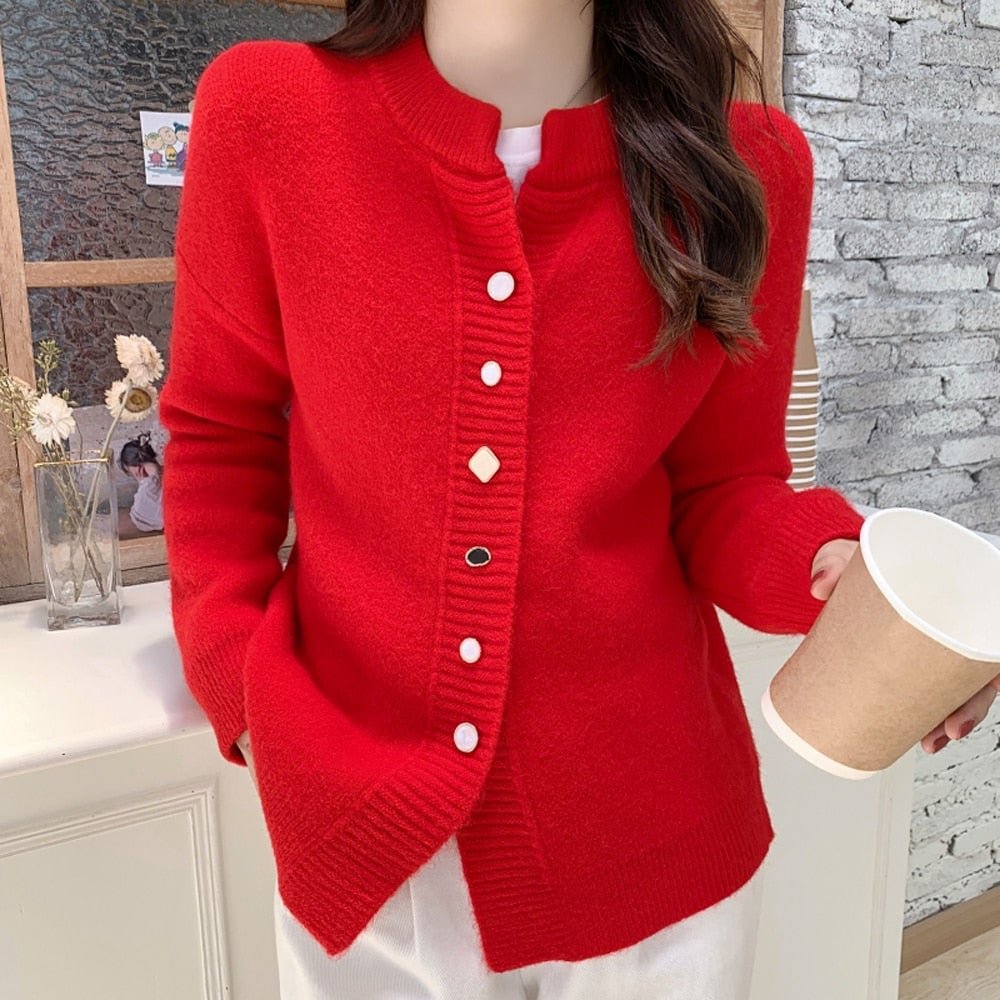 Women Cardigan Sweater Top Red White Knitted Sweater Coat Autumn Winter Good Quality Female Tops Cardigans Sweaters Outerwear