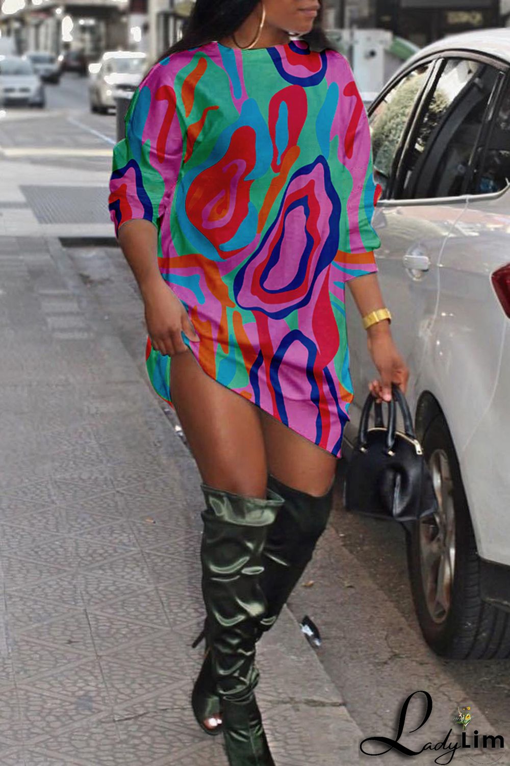 Green Fashion Casual Print Basic O Neck Long Sleeve Plus Size Dresses