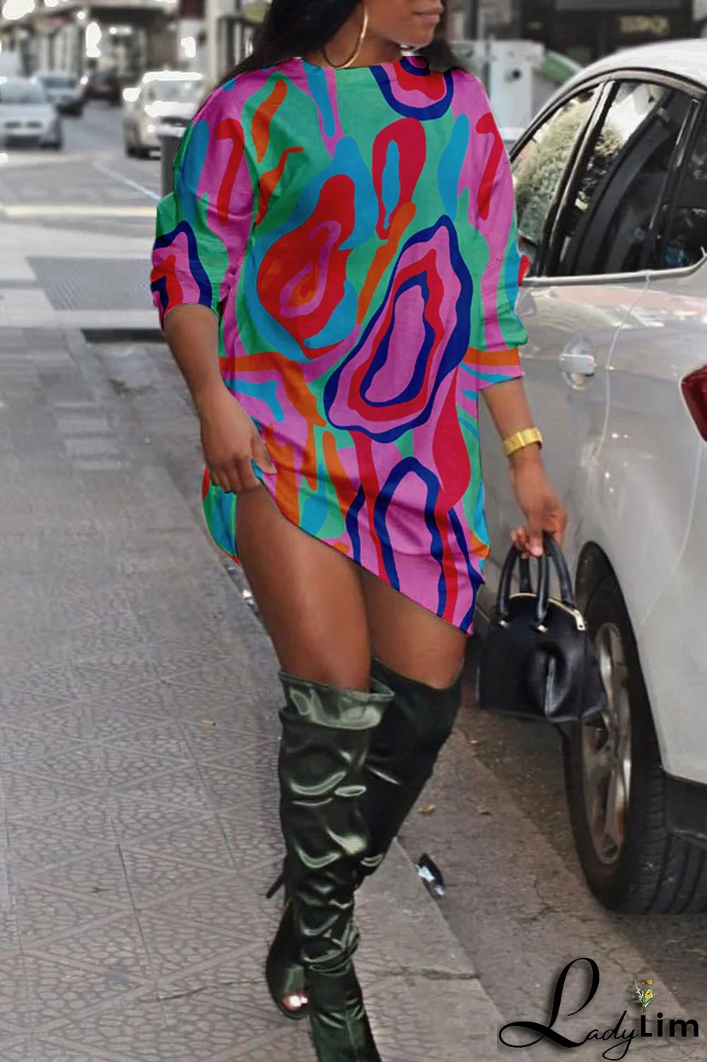 Green Fashion Casual Print Basic O Neck Long Sleeve Plus Size Dresses