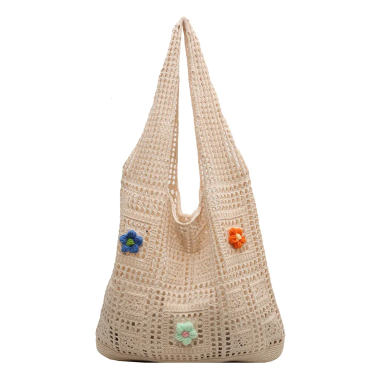 Women Clutch Bag Large Capacity Knitting Flower for Office Travel (Beige)
