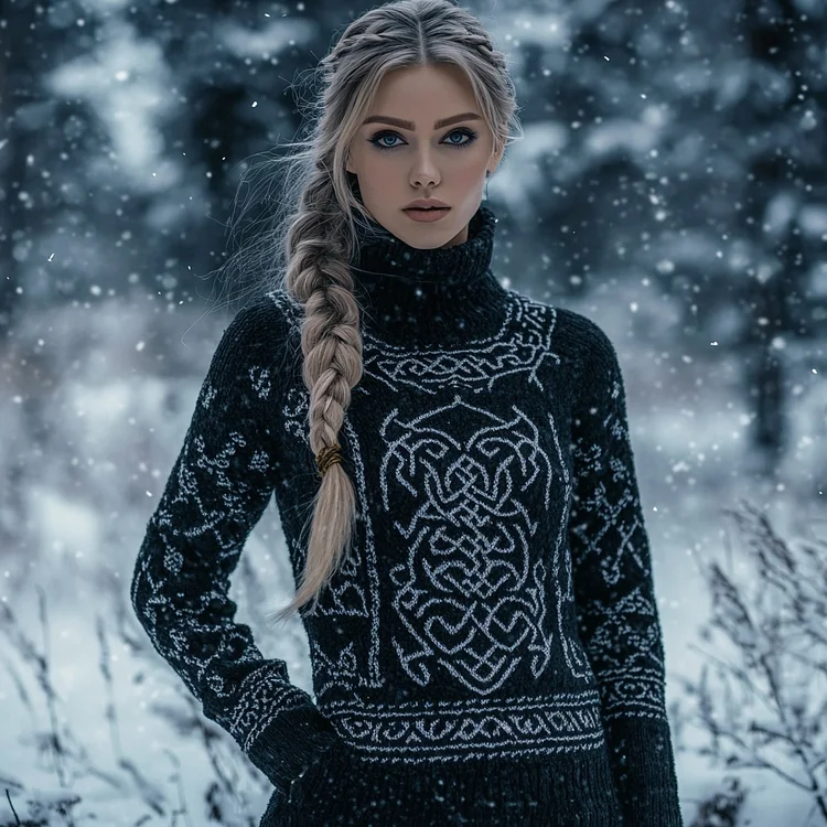 Viking Dragon Pattern Cozy Turtleneck Knit Sweater