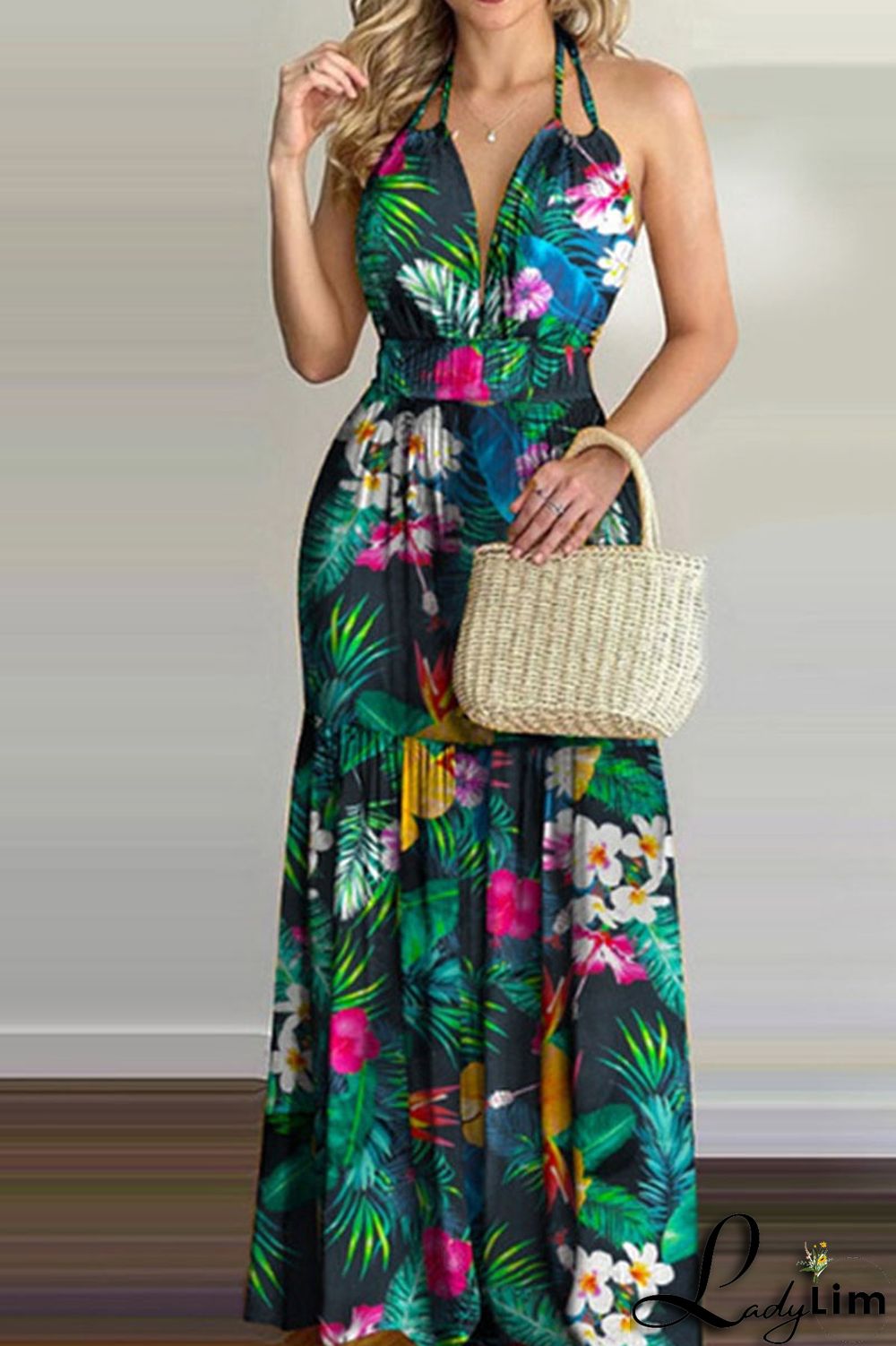 Yellow Sexy Print Split Joint Backless Halter Straight Dresses