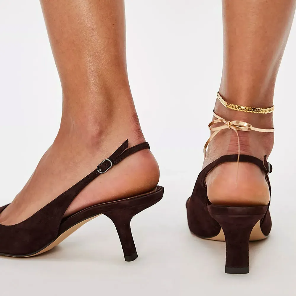 Brown Pointed Toe Chunky Heel Slingback Buckle Pumps Shoes