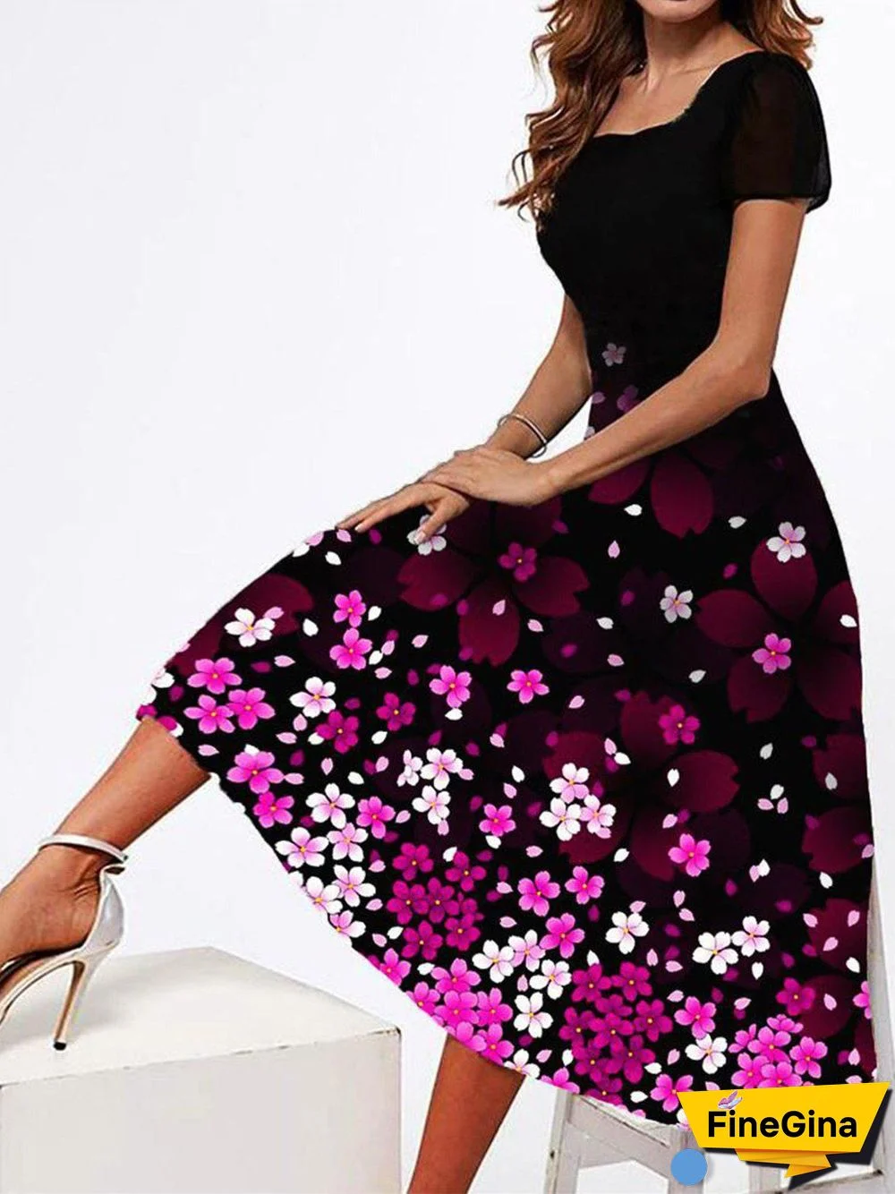 Women's Short Sleeve Square Collar Graphic Floral Printed Maxi Dress