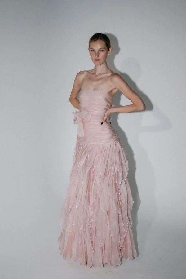 Blushing Pink Strapless Sleeveless Long Pleated A-Line Prom Dress With Bow And Ruffles | YC0256 Wellcucu