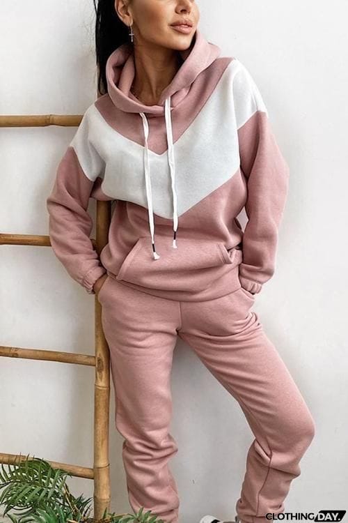 Colorblock Pocket Drawstring Hoodie & Pants Set