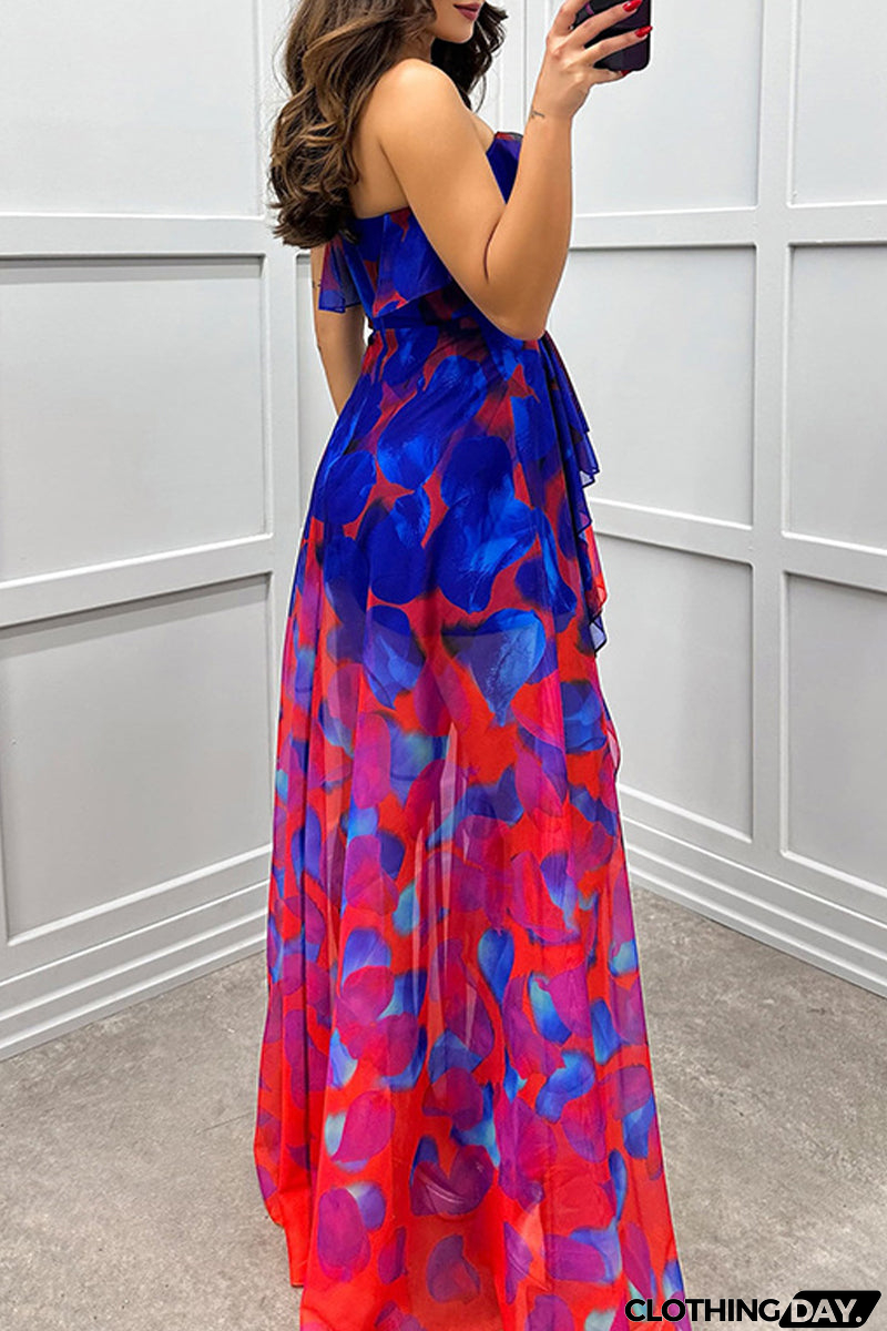 Sexy Gradient Print Ruffle Slit Strapless Irregular Dresses(3 Colors)