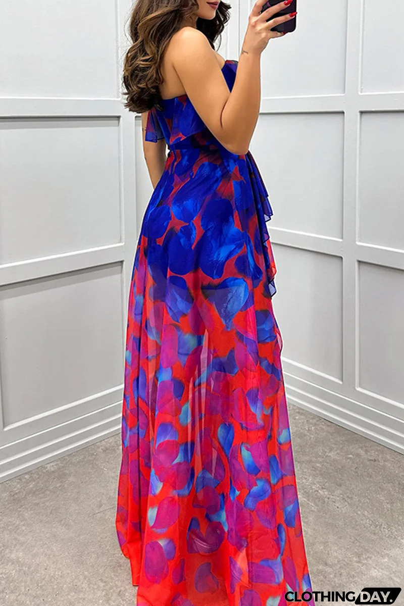 Sexy Gradient Print Ruffle Slit Strapless Irregular Dresses(3 Colors)