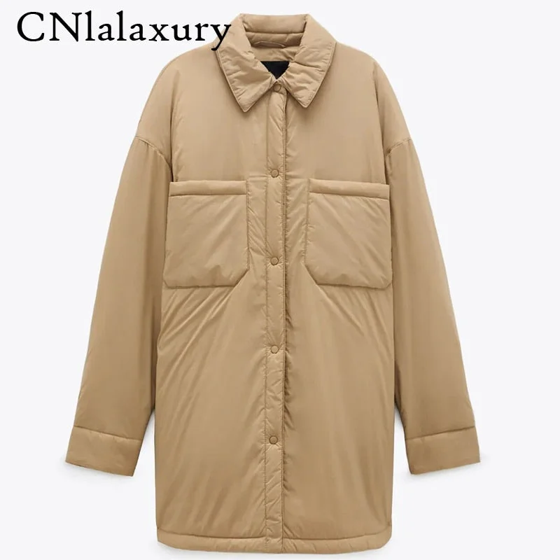 2020 New Autumn Winter Warm Cotton Jacket Coat Women Vintage Khaki Long Outwear Female Oversize Solid Overcoats Loose Parkas Top
