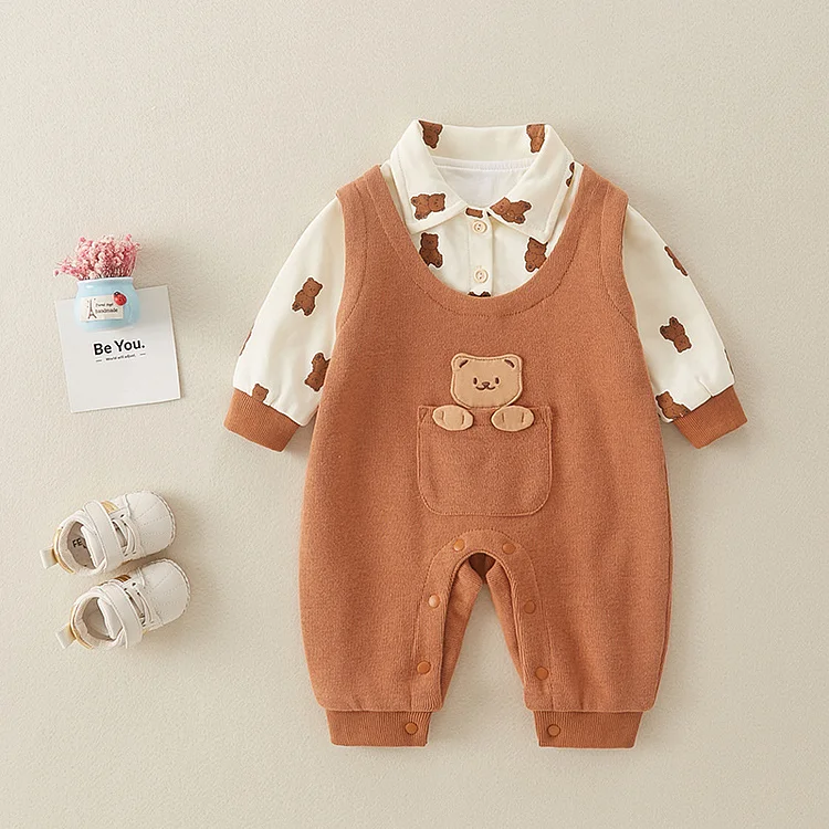 Baby Boy/Girl Allover Bear Graphics Mock Two-pieces Long Sleeve Romper