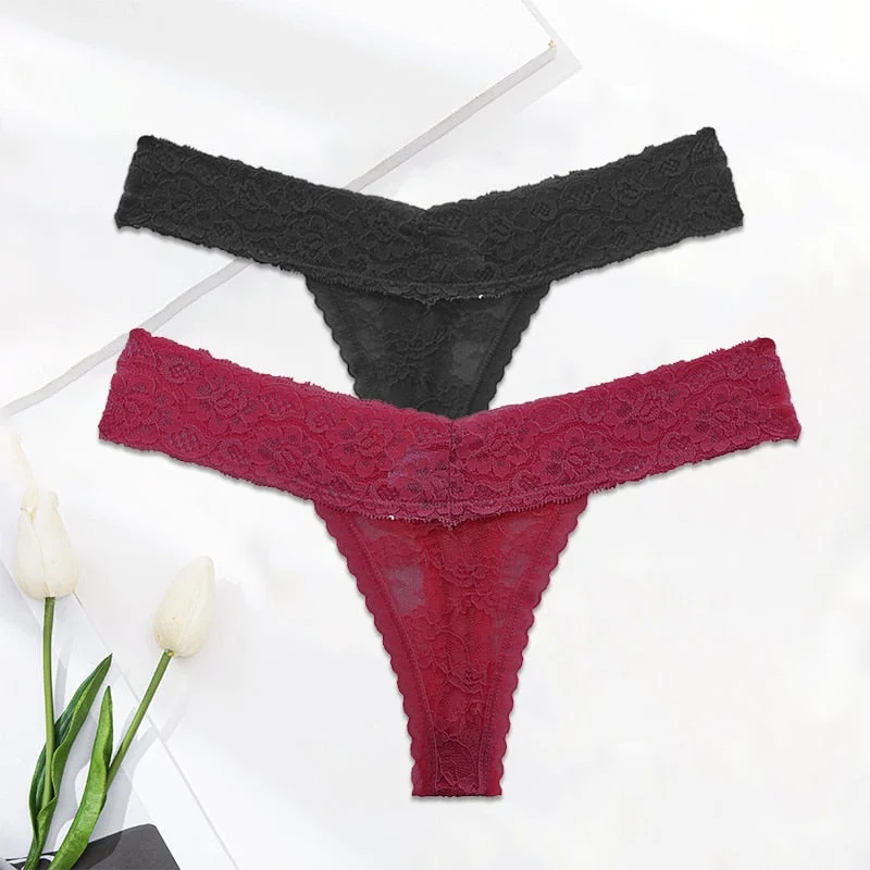 FINETOO 2PCS/Set M-XL Lace G-string Thong Panties for Woman Sexy Floral Underwear Transparent Women's Underpants Female Lingerie