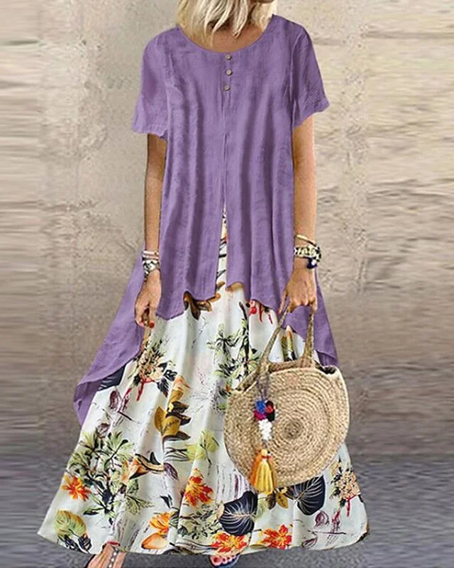 Women's Maxi long Dress - Short Sleeve Floral Layered Button Print Summer Plus Size Hot Casual Holiday vacation dresses Loose 2020 Purple Yellow Pink Orange Green M L XL XXL 3XL 4XL 5XL