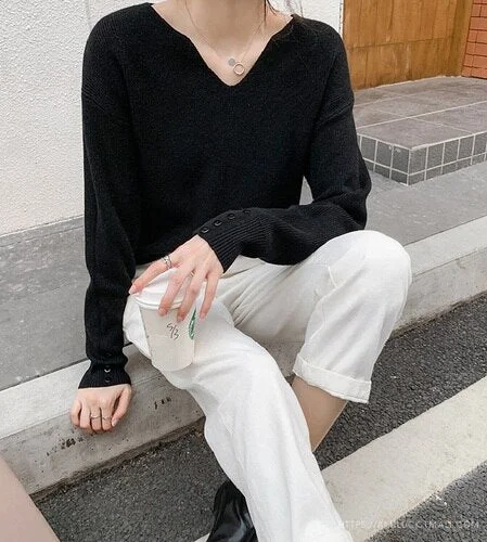 Autumn Winter V-neck Female Pullover Sweaters Full Sleeve Loose Casual Elegant Lady Knitwear 2021 Women Knitted Jumpers 11319