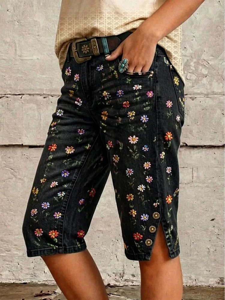 Women's Ditsy Floral Print Mid-Length Split Hem Denim Bermuda Shorts