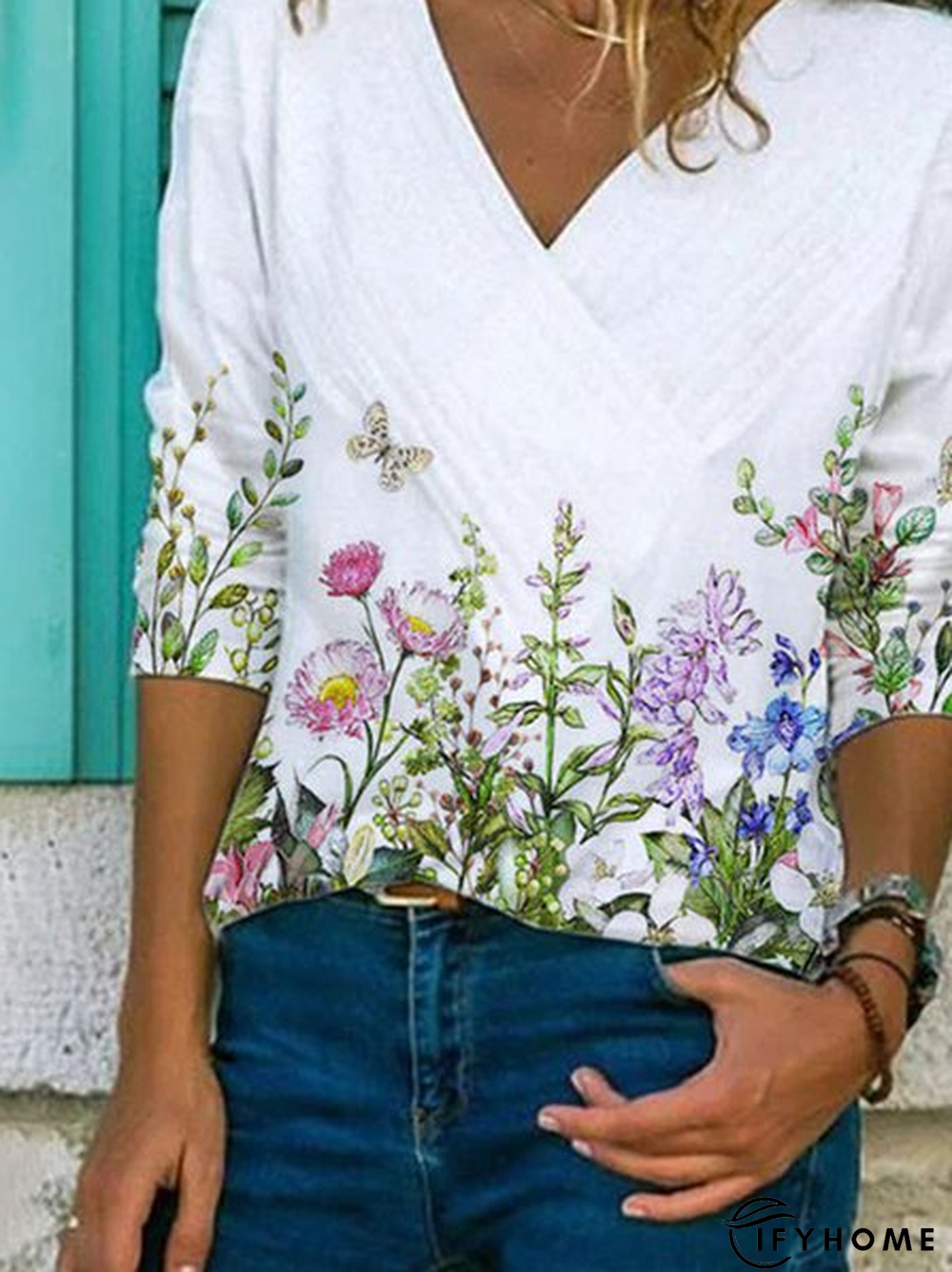 Casual Cotton-Blend Floral-Print Long Sleeve Top | IFYHOME