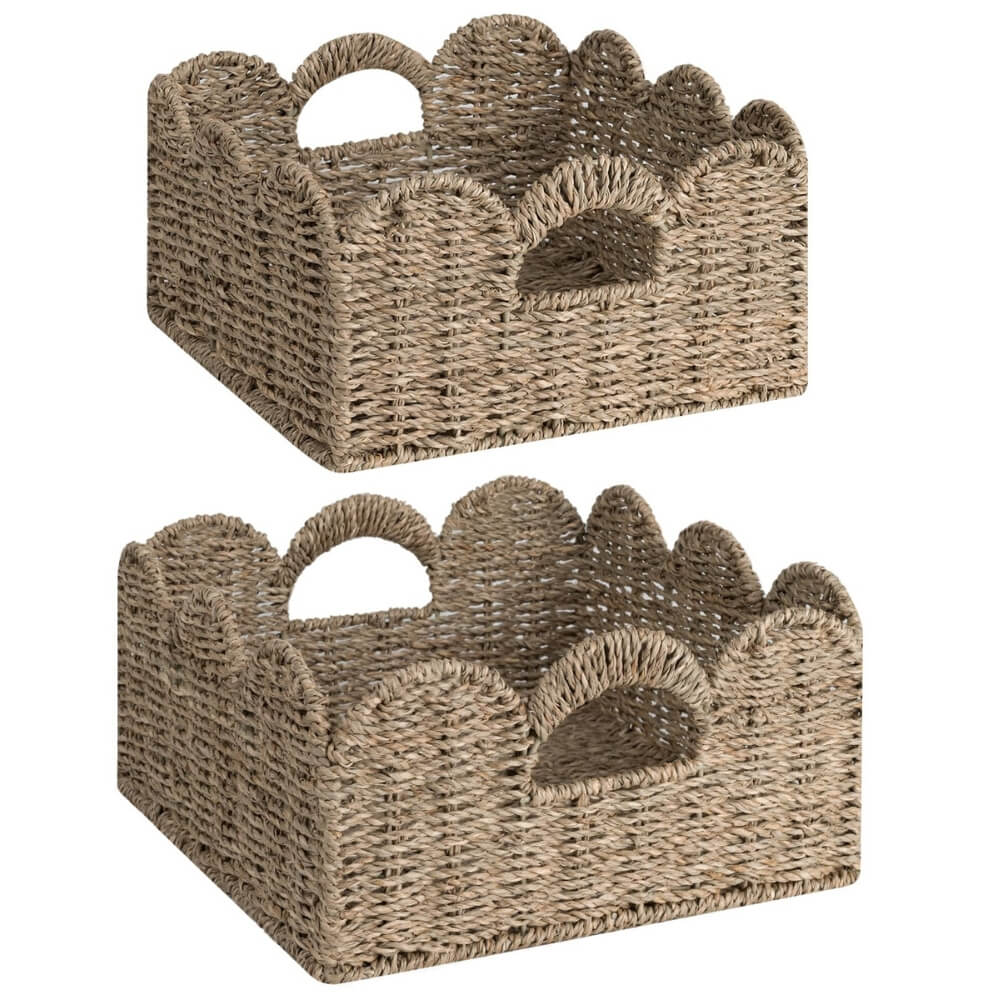 Artisan Scalloped Seagrass Storage Baskets with Handles (2 PCS)