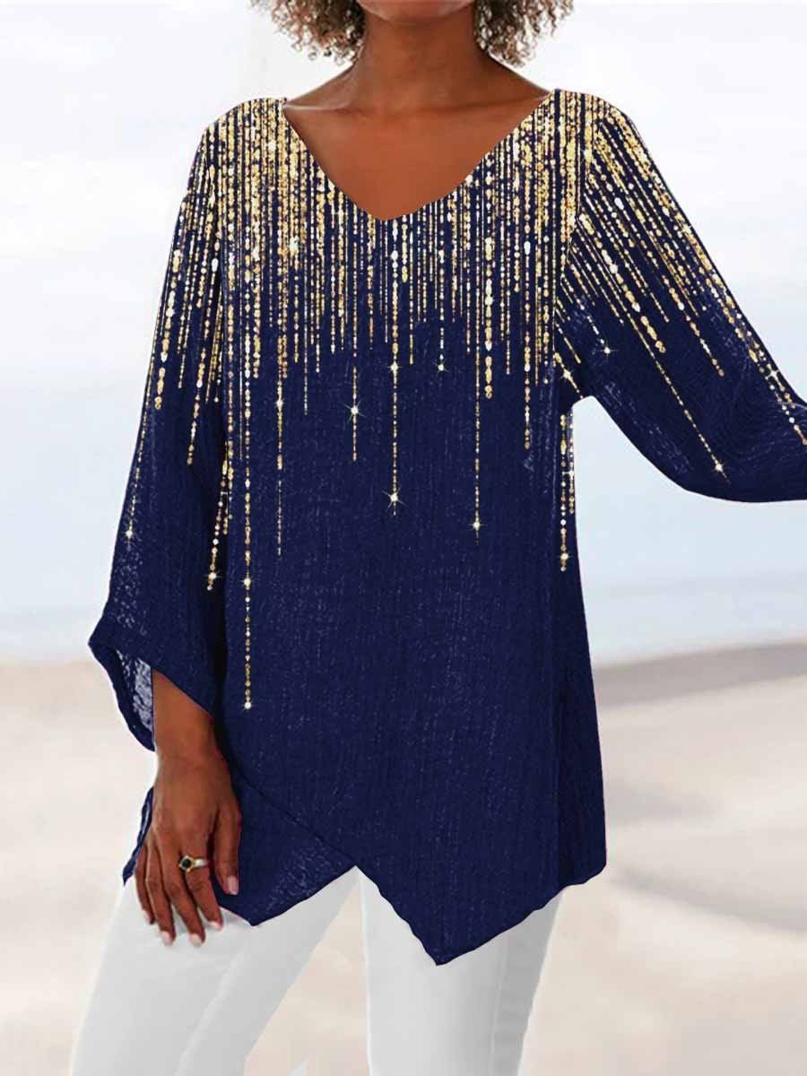 Women Asymmetrical 3/4 Sleeve V-neck Striped Polka Dot Top Dress