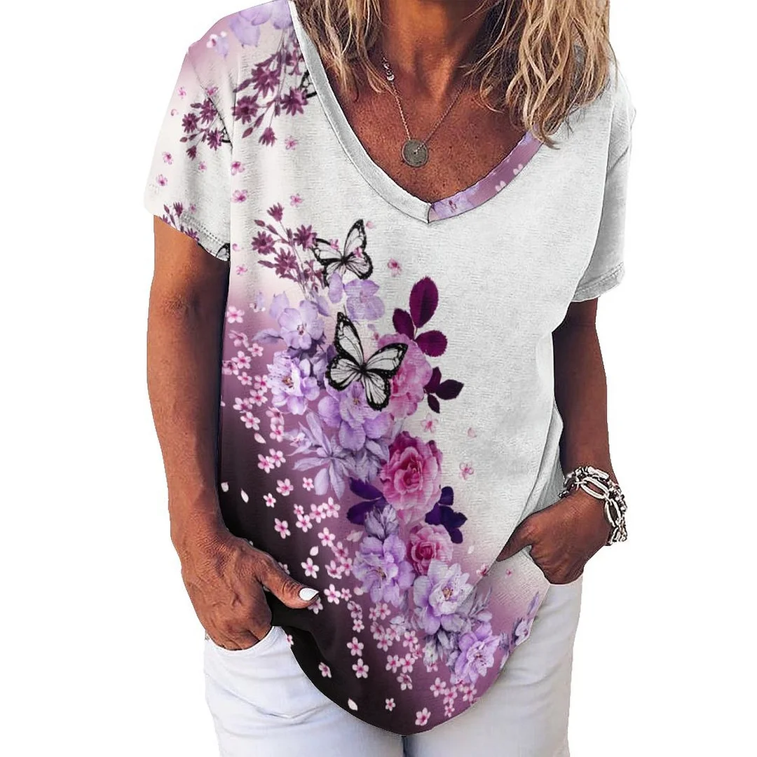V-neck Short Sleeve Casual T-shirt for  Women Printed with Pattern Butterfly, Purple, Floral