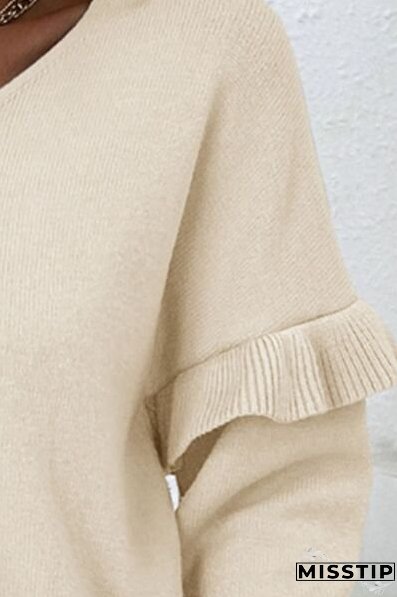 V-Neck Ruffle Trim Long Sleeve Sweater