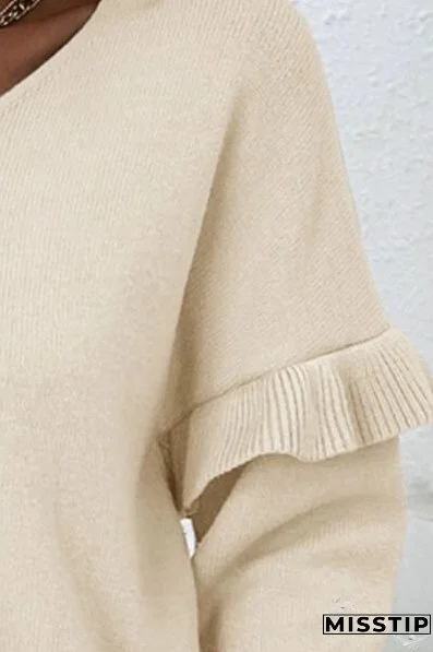V-Neck Ruffle Trim Long Sleeve Sweater