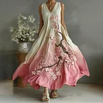 Vintage Cherry Blossoms Embroidered Pattern Linen V Neck Long Dress - Image 2
