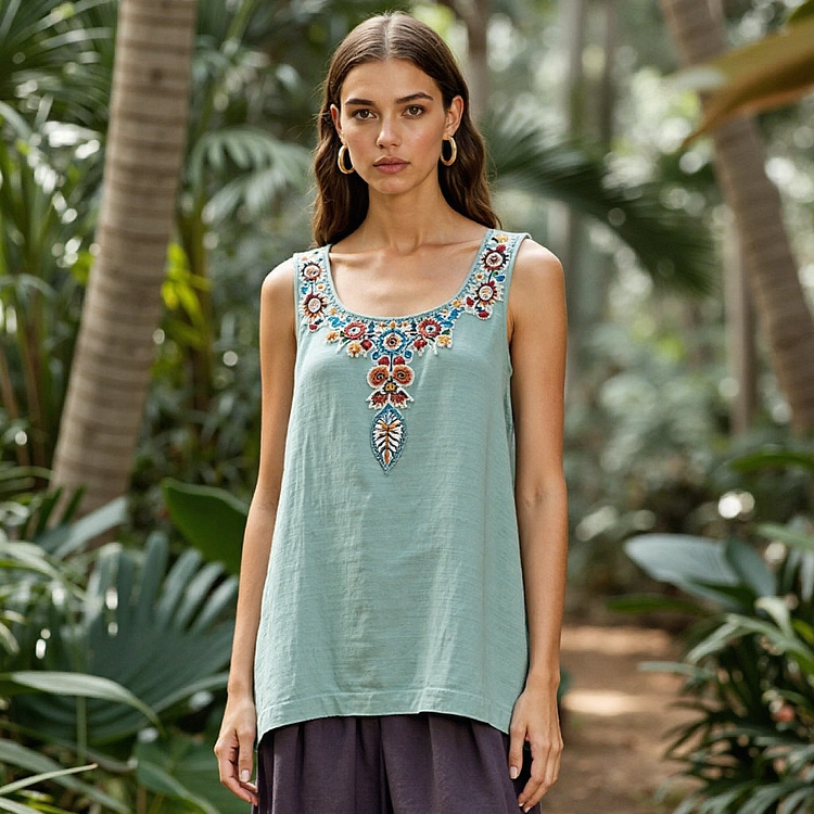Vintage Bohemian Ethnic Floral Embroidered Linen Vest