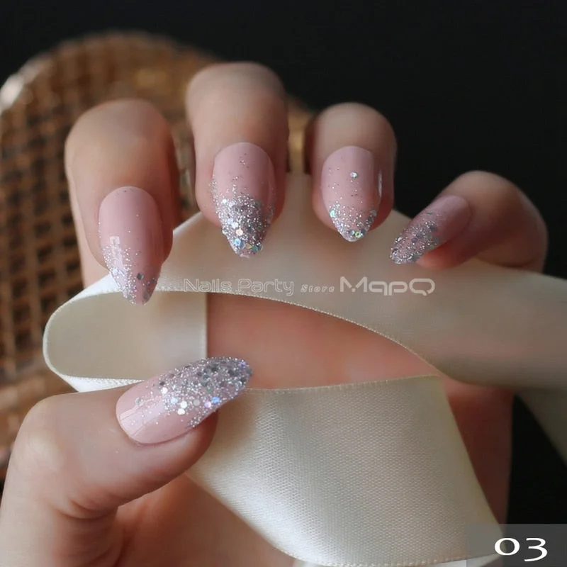 Gray Ombre French glitter AB Short Stiletto UV Gel nude Fake Nails Black Shimmer Finger red false nail point tip pink Handmade-Nail Inspo