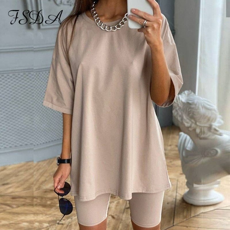 FSDA Summer 2020 Women Set O Neck Loose Short Sleeve Top Shirt And Biker Shorts Casual Two Piece Sets White Outfit Khaki Suit