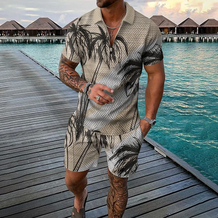 BrosWear Coconut Tree Chest Pocket Short Sleeve Polo Shirt And Shorts Co-Ord