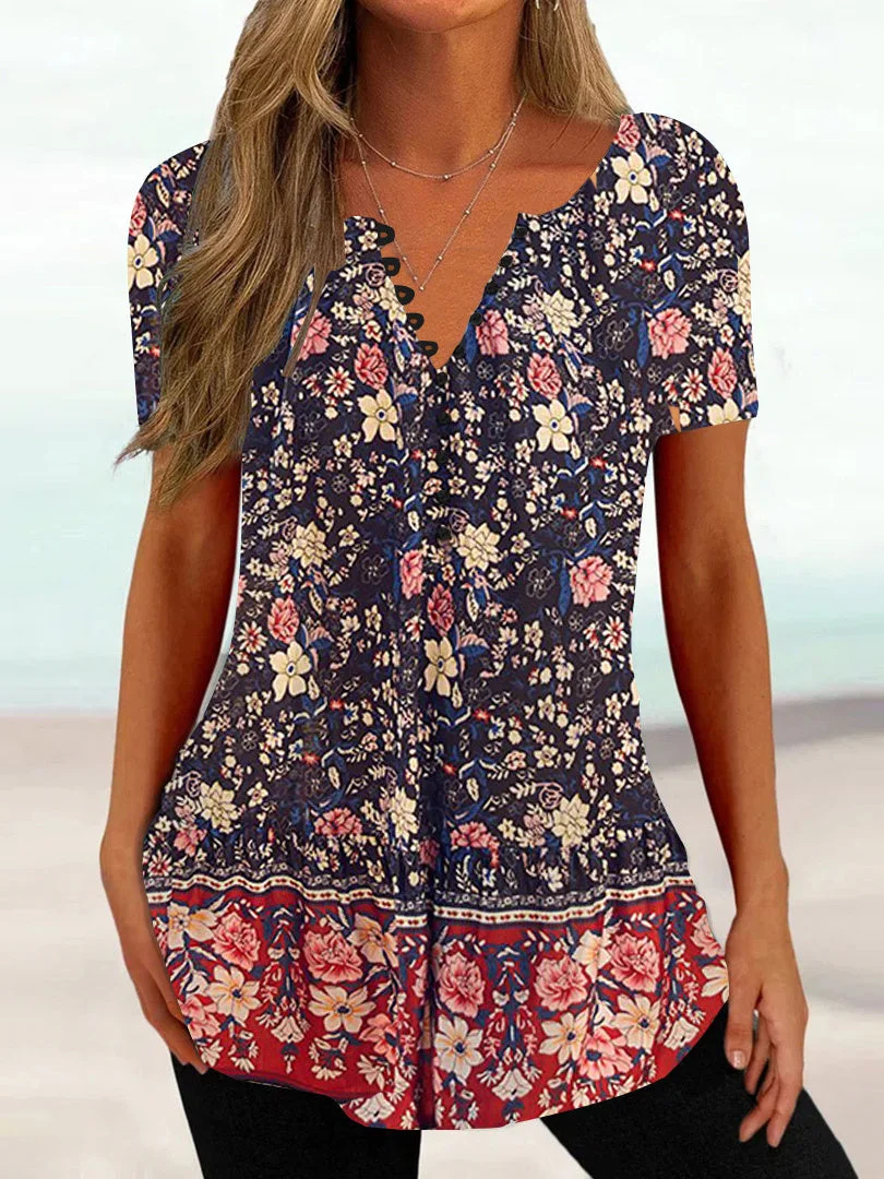 Women Short Sleeve V-neck Floral Printed Graphic Button Tops