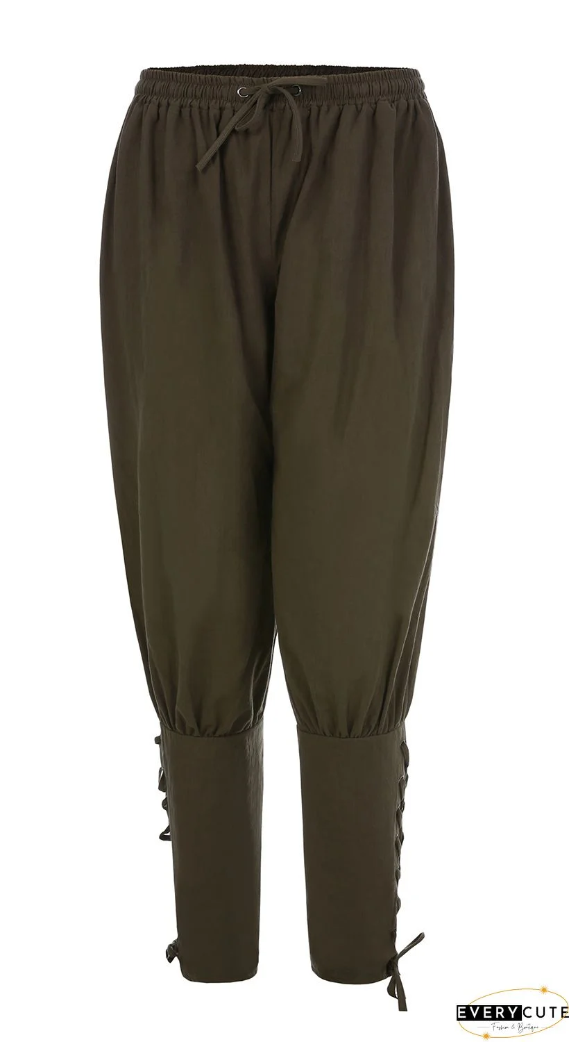 Pure Color High Waist Pockets Casual Lace up Pants