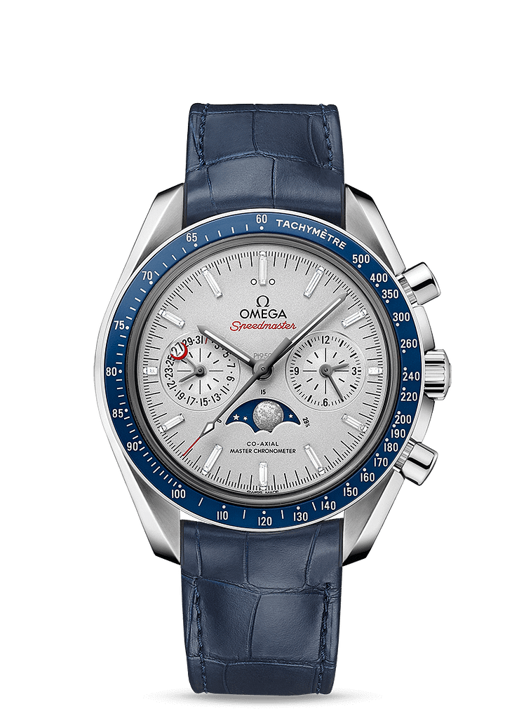 MOONPHASE CO‑AXIAL MASTER CHRONOMETER MOONPHASE CHRONOGRAPH 44.25 MM 304.93.44.52.99.004 FAVOURITES COMPARE Platinum on Leather strap