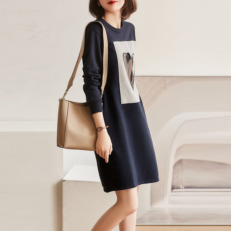 Navyblue Casual Embroidered Long Sleeve Dresses