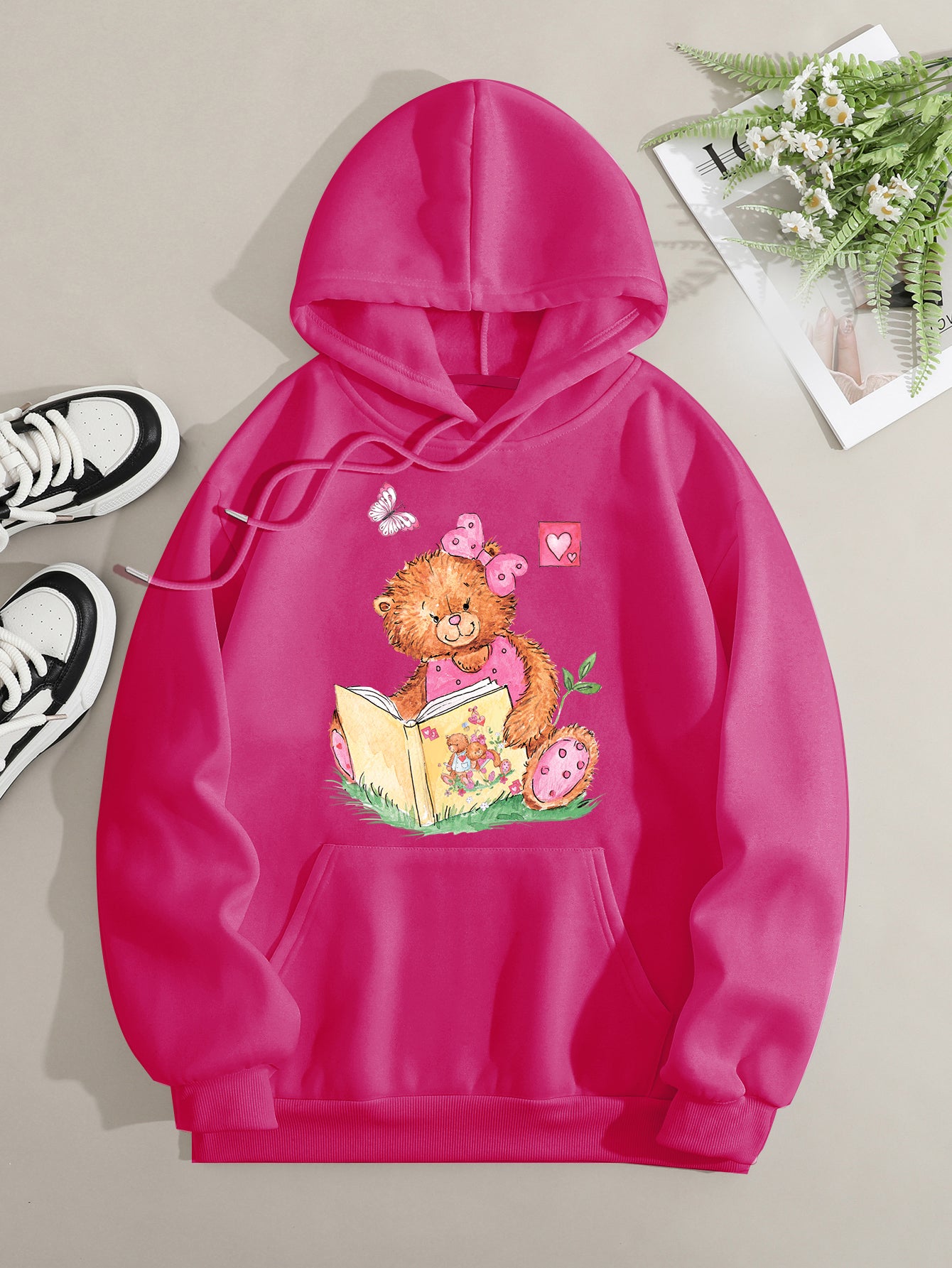 Printed on front Kangaroo Pocket Hoodie Long Sleeve for Women Pattern Pink Bear Reading