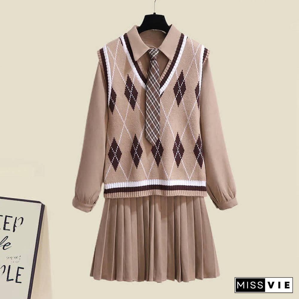 Lapel Tie Pleated Shirt Dress Rhombus Print Vest Two Pieces Set
