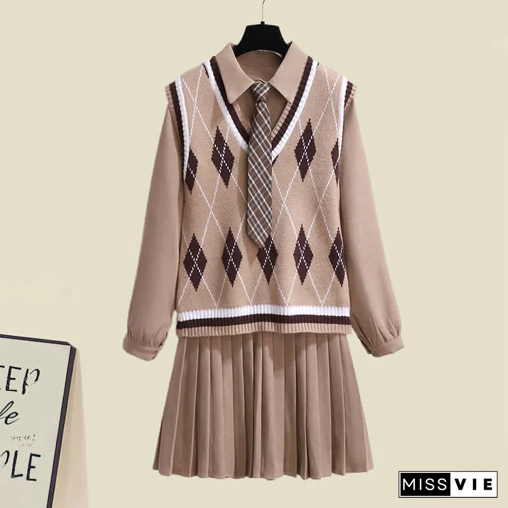 Lapel Tie Pleated Shirt Dress Rhombus Print Vest Two Pieces Set