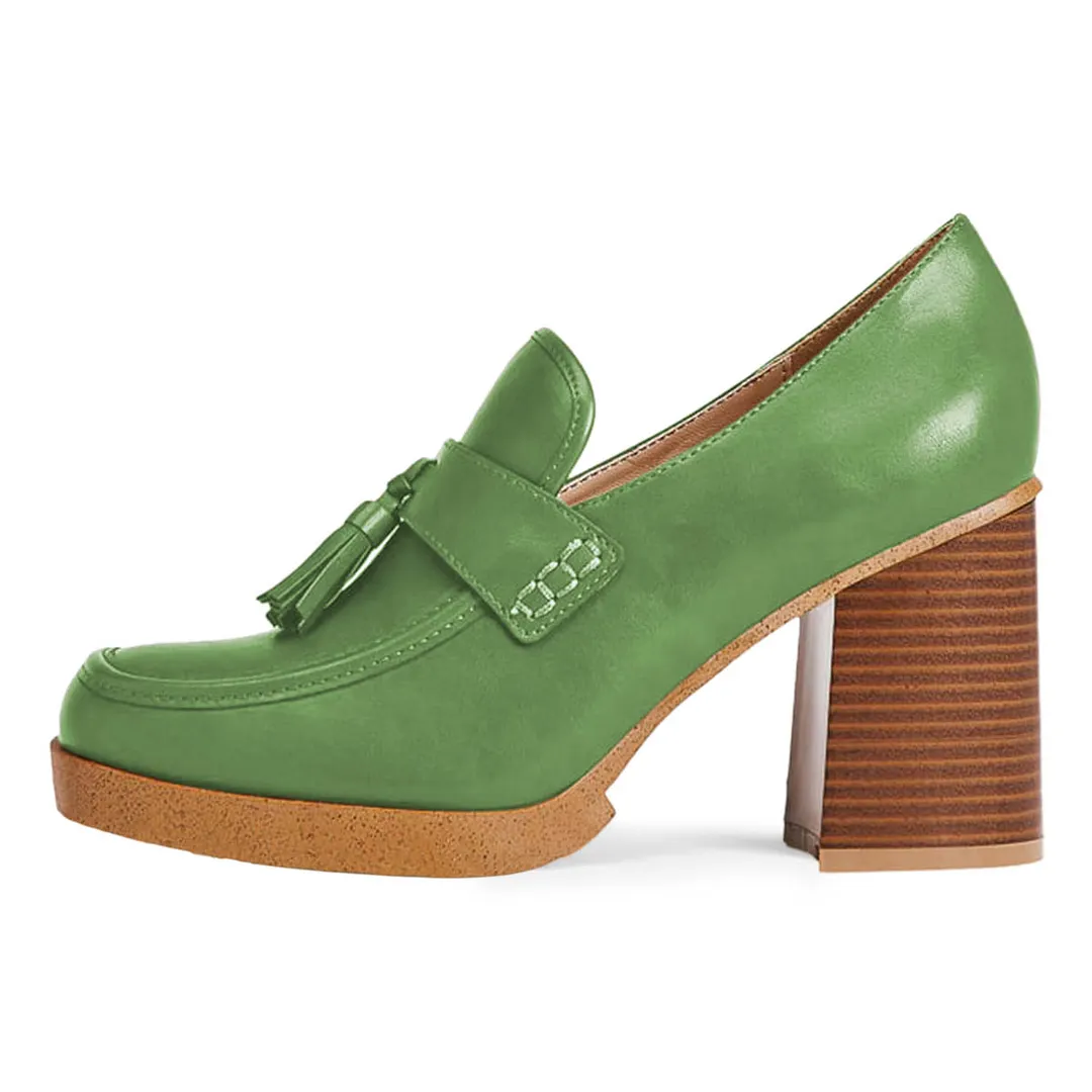 Green Vegan Leather Chunky Heel Square Toe Tassels Women's Loafers