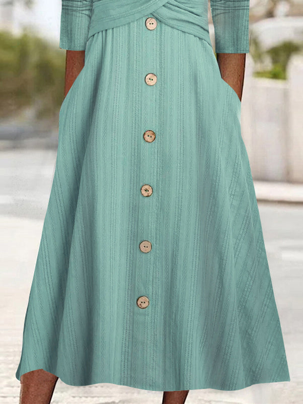 Women Half Sleeve V-neck Solid Color Dress