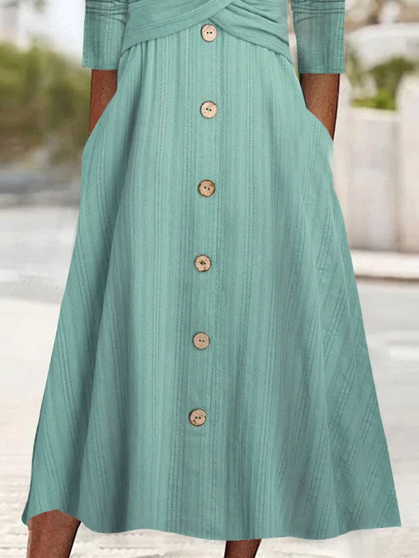 Women Half Sleeve V-neck Solid Color Dress