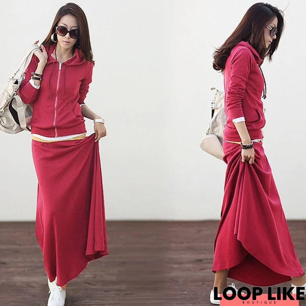New Style Casual Slim Dress Hooded Large Sweater Two-Piece Dress Suit