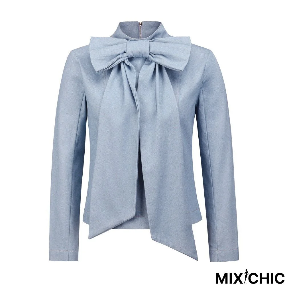 Bow Short Long Sleeve Stand Collar Denim Jacket Plus Size Women's Top