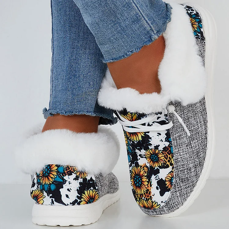 Wild Wendy Print Splicing Winter Flats Slip on Loafers Warm Fur Lined Ankle Boots