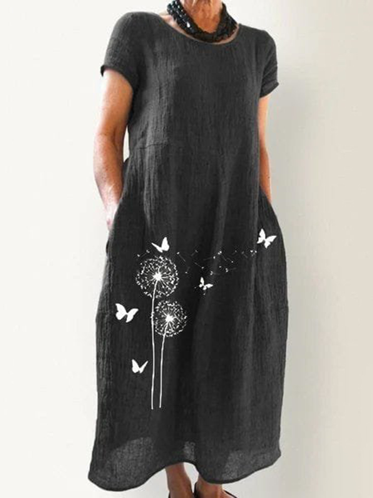 Comstylish Casual Loose Dandelion Butterfly Print Linen Midi Dress