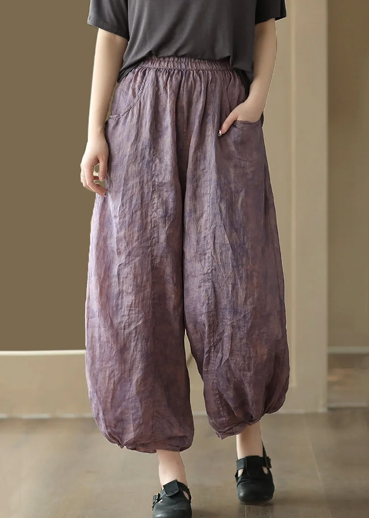 New Purple Print Pockets High Waist Linen Wide Leg Pants