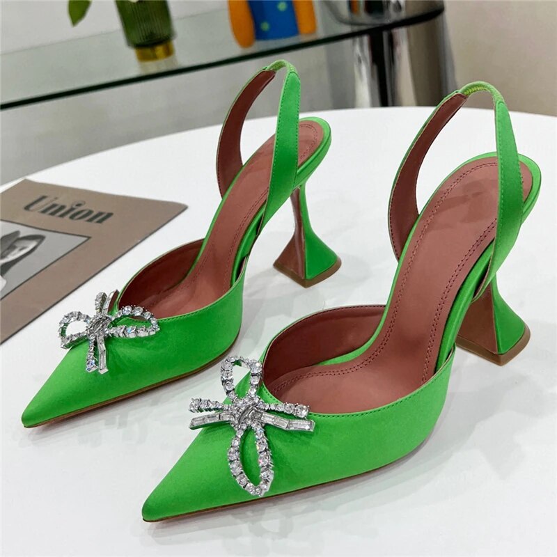 VCSHOES Crystal Embellished Butterfly-Knot Sandals Women Satin Pointed Toe High Goblet Heel Party Shoes