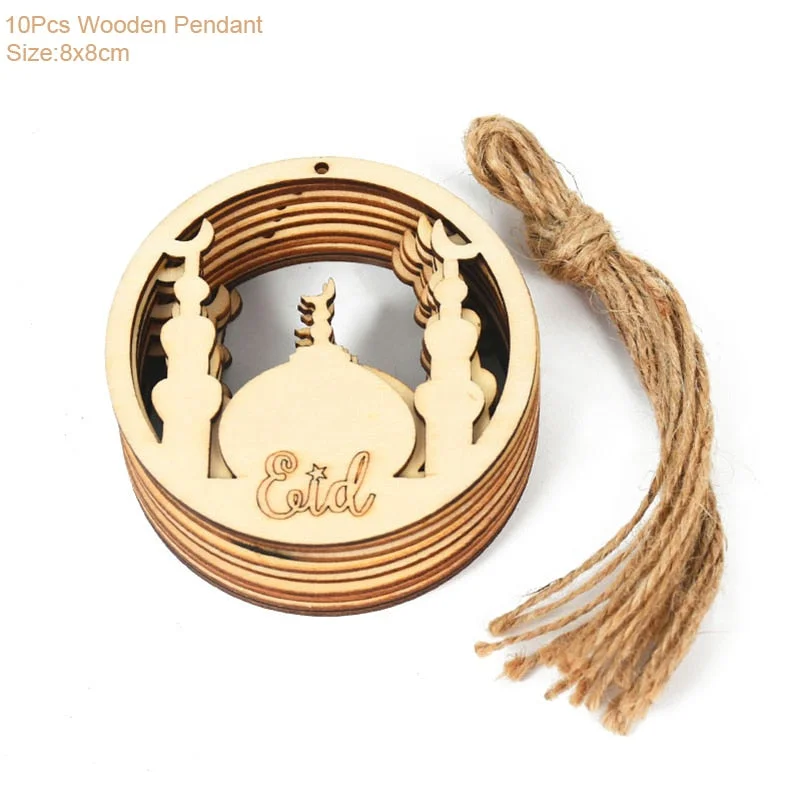 10pcs Wooden Eid Mubarak Pendants Ramadan Ornament DIY Islamic Muslim Festival Party Decoration for Home Moon Eid Al-Fitr Decor