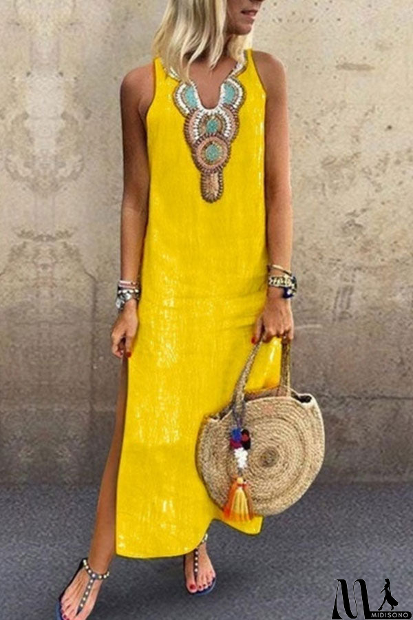 MidiSono - Sleeveless V-neck Slit Tunic Dress