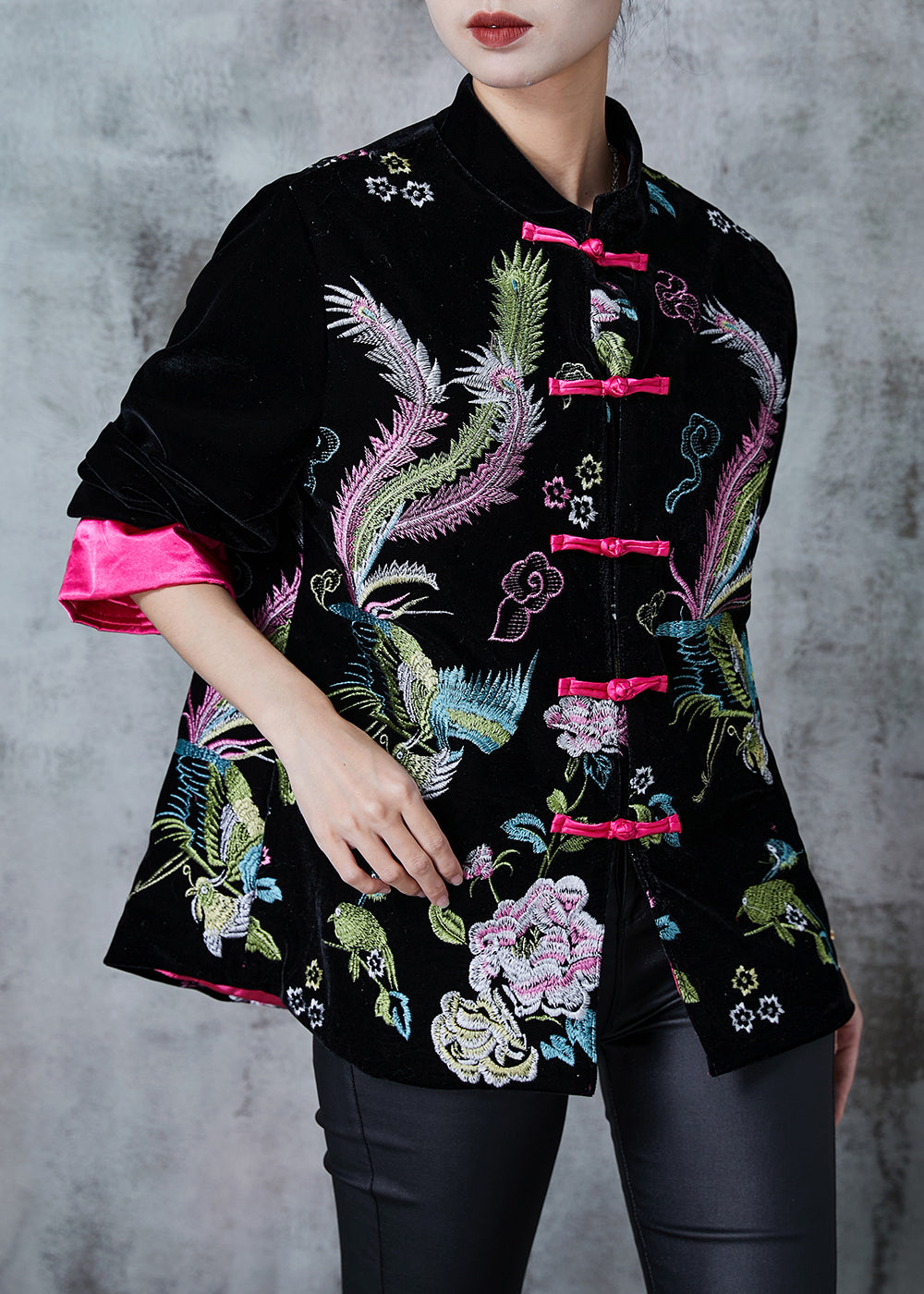 VCSHOES Rose Embroidered Silk Velvet Oriental Jacket Fall