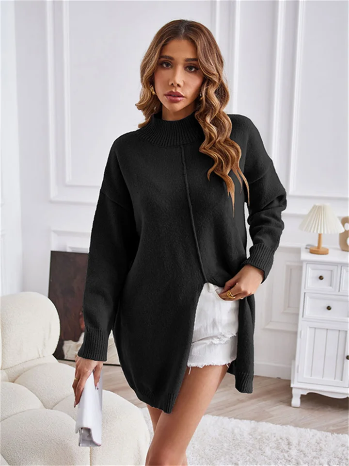 Winter New Solid Color Half-high Neck Pullover Knit Sweater Fashion Mid-length Open Sweater Women's Clothing